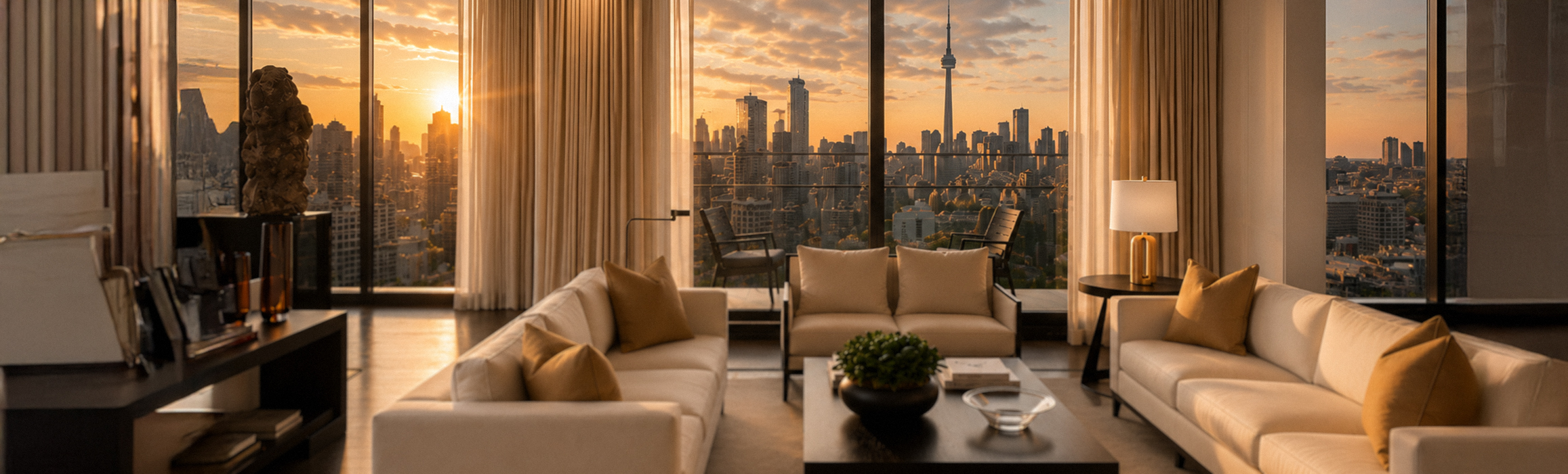 Thoughtfully maintained modern Toronto condo living room with Toronto skyline in the background