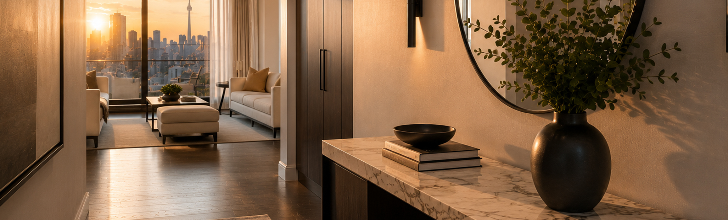 Modern Toronto condo foyer with a styled entry table, bright living room, and skyline view in the background.